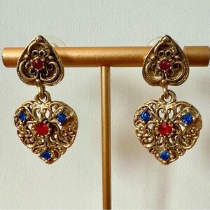 Vintage Avante Gold Heart Filagree Dangle Earrings Red Blue Pink Rhinestones 80s